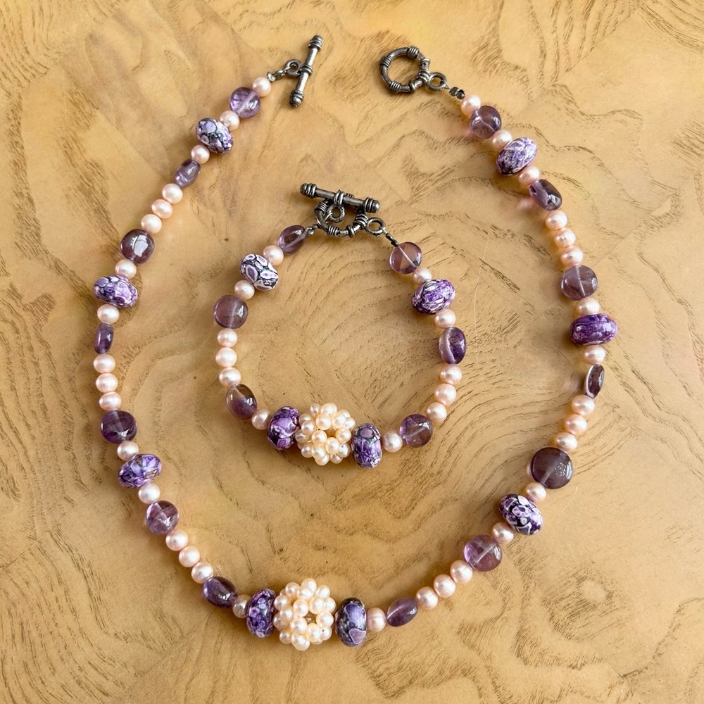 Lilac and Faux Pearls Necklace and Bracelet Set Handmade